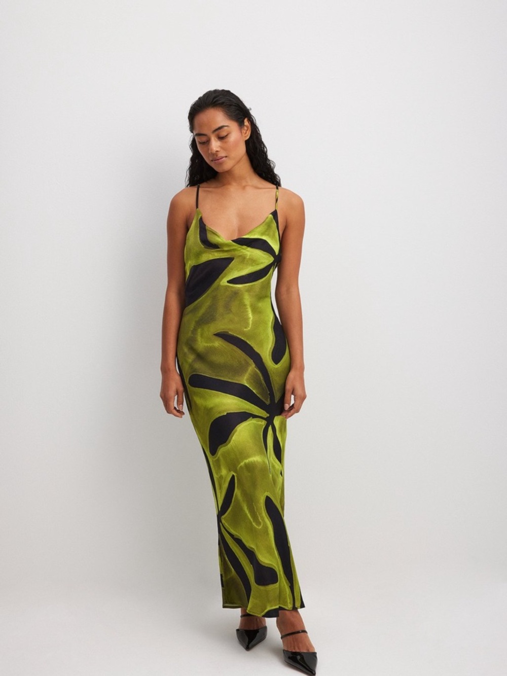 Na-Kd Green Satin Slip Midi Dress with Black Abstract Motif